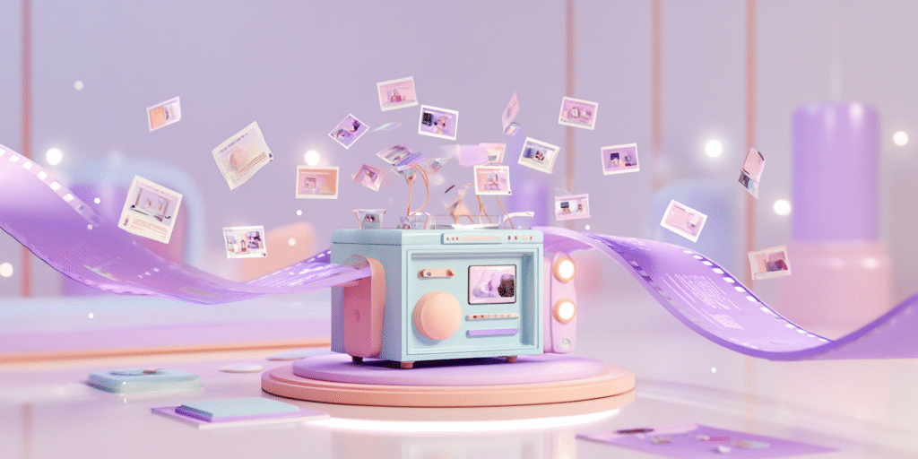 Módulo de video 3D con tarjetas-ingrediente flotando y timeline extendido en estilo pastel.