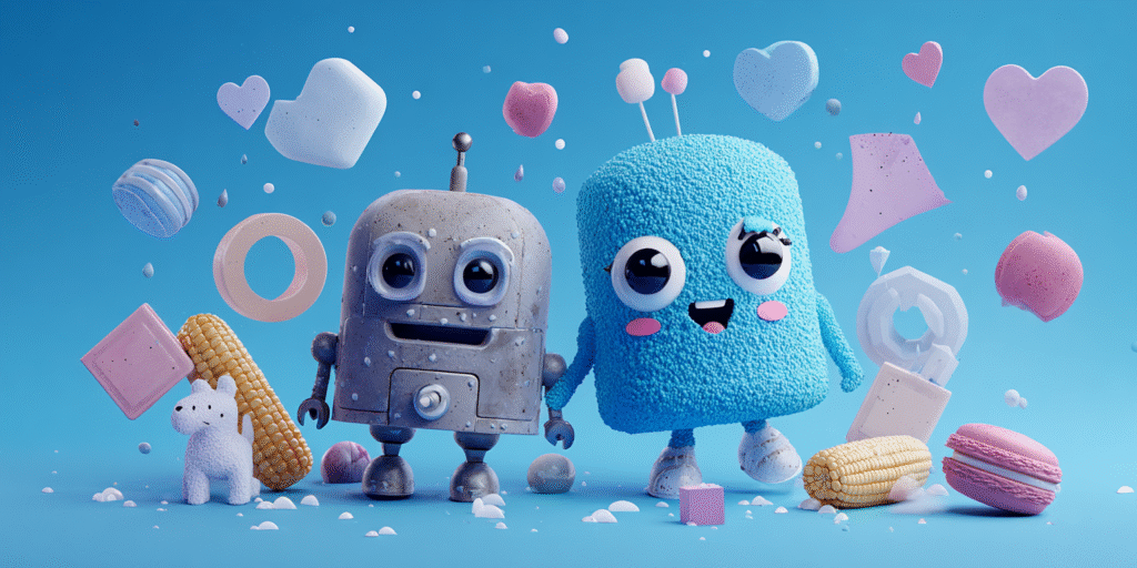 Ilustración en estilo clay 3D: robot gris y personaje azul con ojos grandes sobre fondo azul, rodeados de formas y dulces flotantes.