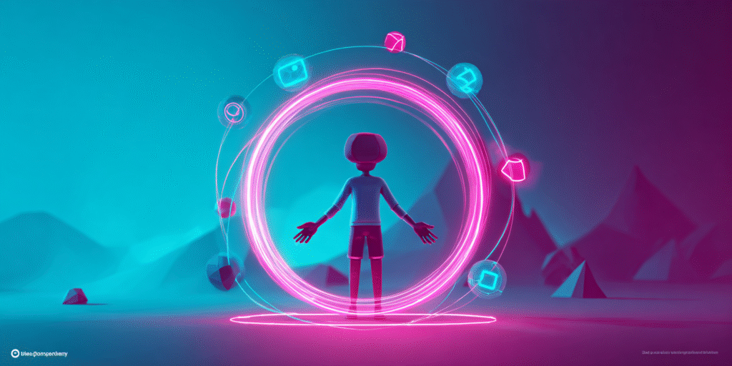 Ilustración 3D de creador rodeado por anillo neón y símbolos de IA, enfoque en flujo creativo.