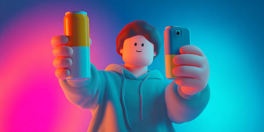 Persona generando anuncio publicitario con inteligencia artificial usando una lata y su celular