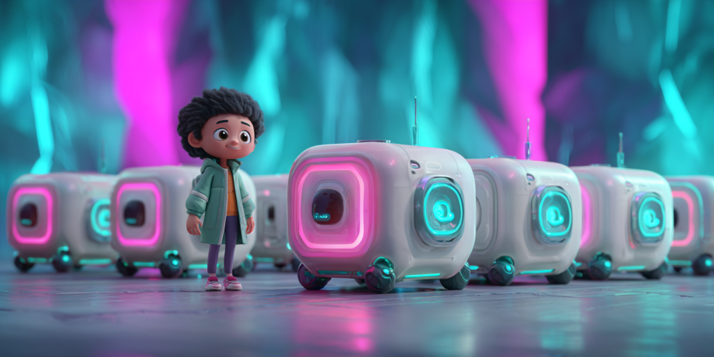 Escena futurista estilo animación: personaje junto a módulos de IA iluminados, representando creación y edición de imágenes en Gemini.