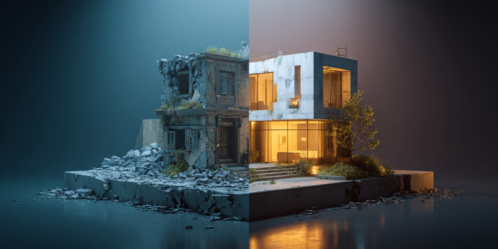 Antes y después de una reforma de vivienda generada con inteligencia artificial mostrando transformación arquitectónica