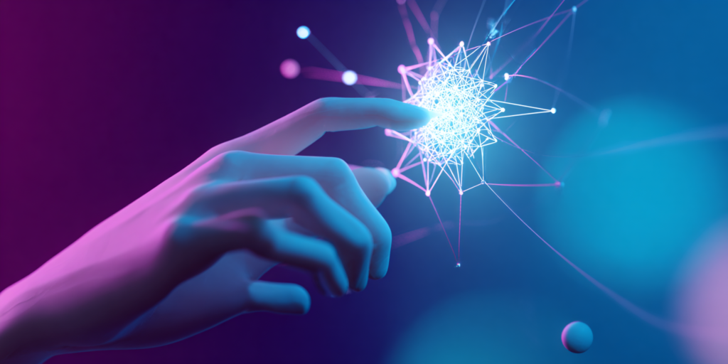 Mano humana interactuando con una red neuronal de inteligencia artificial fluida, representando el éxito del emotional prompting en flujos de trabajo profesionales.