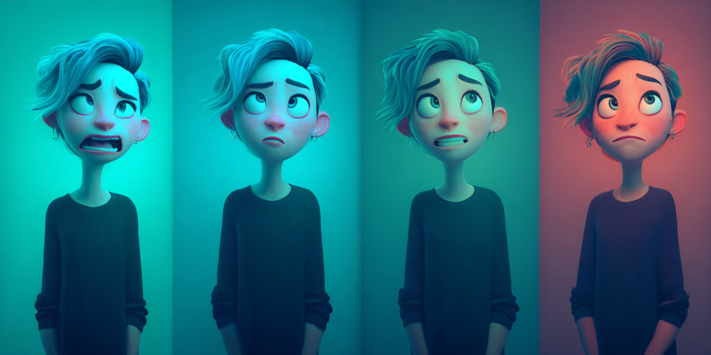 Secuencia de expresiones faciales en personaje generado con IA para vídeo, prueba de realismo sin efecto plástico con Midjourney y Kling 3.0.