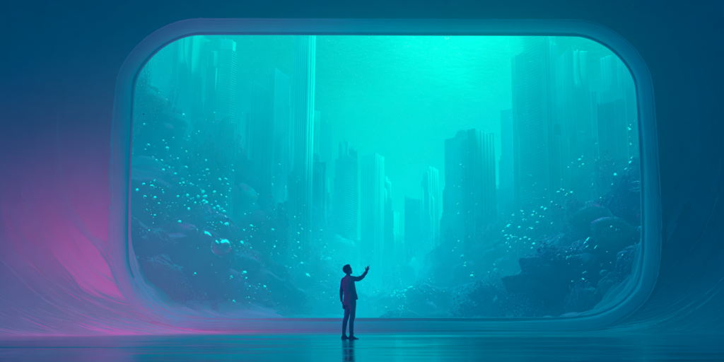 Escenario futurista tipo ciudad sumergida visto a través de un portal, estilo cinematic, ideal para Reels con IA y animación en Kling 3.0.