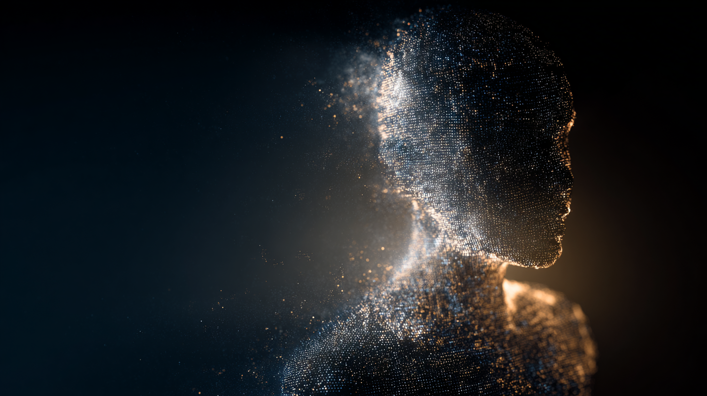 Figura humana formada por partículas de luz disolviéndose, representando la identidad digital y la reconstrucción de personas con inteligencia artificial