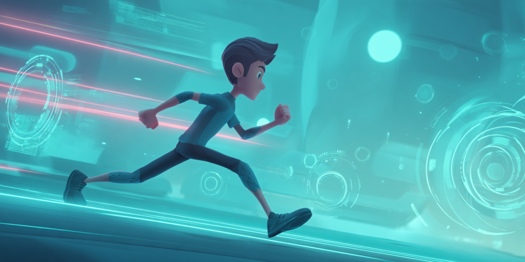 Profesional corriendo en un entorno futurista: metáfora de no quedarse atrás con la IA en 2026
