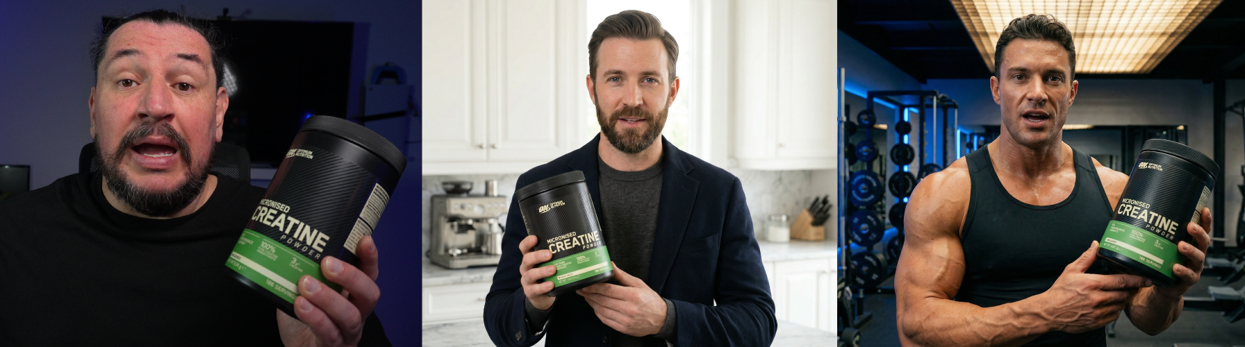 Ejemplo real de Kling AI Motion Control aplicado a producto de creatina con tres personajes distintos para diferentes públicos: creador casual, profesional de oficina y atleta de gimnasio