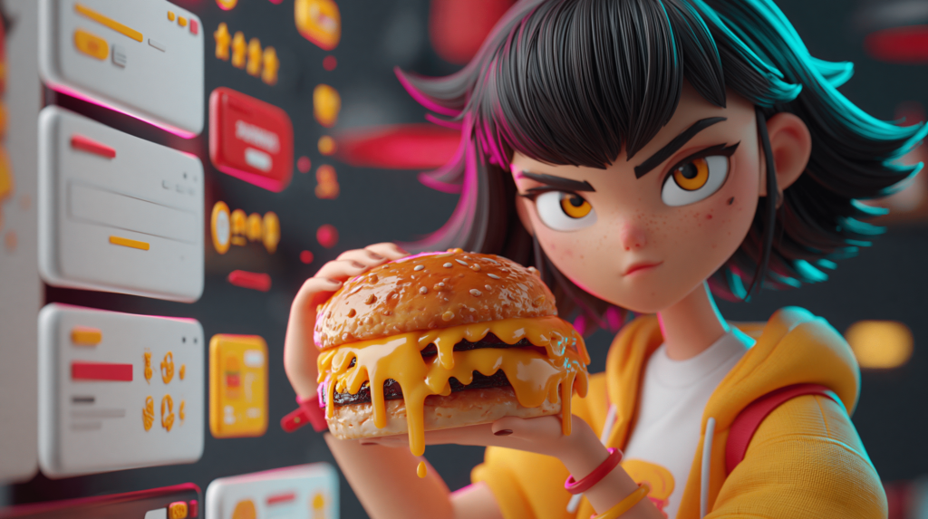Ilustración 3D de personaje animado sosteniendo una smash burger frente a un panel de interfaces digitales, representando el proceso de branding con IA usando ChatGPT Image 2.0 y Claude Design