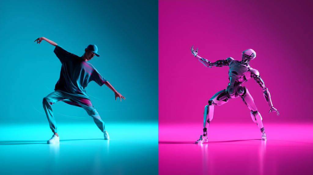 Persona bailando junto a un robot que replica sus movimientos exactos, ilustrando cómo funciona Kling AI Motion Control para transferir movimiento a personajes generados con IA