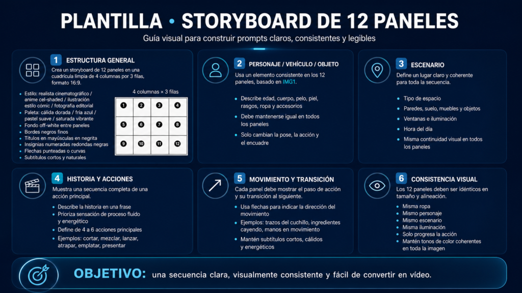 Infografía con la plantilla de storyboard con IA tutorial mostrando los 6 elementos del prompt: estructura general, personaje, escenario, historia, movimiento y consistencia visual