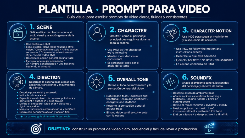 Infografía con la estructura del prompt de video para storyboard con IA tutorial: Scene, Character, Character Motion, Direction, Overall Tone y SoundFX para Seedance 2.0