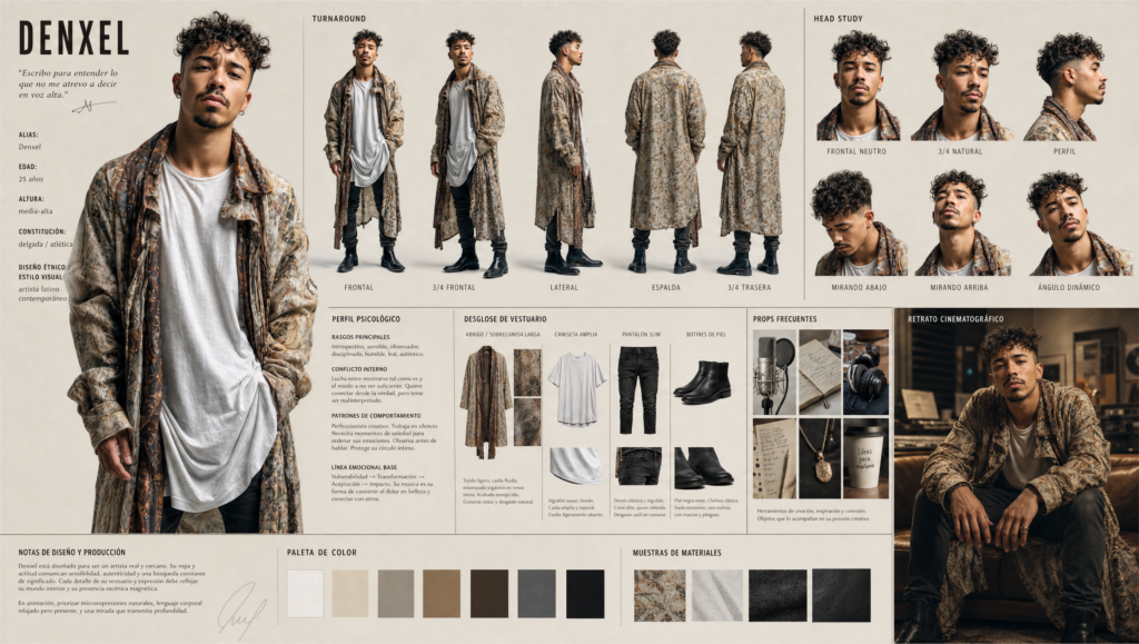 Character sheet completo del personaje Denxel para video musical con IA lipsync: turnaround de 5 ángulos, head study con 6 expresiones, perfil psicológico, desglose de vestuario, props y retrato cinematográfico generado con ChatGPT Image 2.0