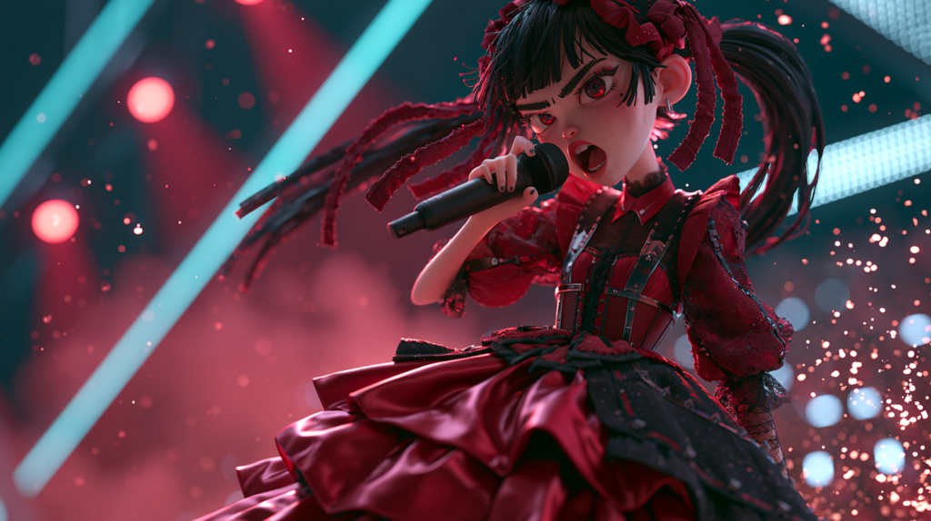 Personaje animado 3D estilo Kawai Metal cantando con micrófono en un escenario con luces rojas y cyan, ilustrando el proceso de crear un video musical con IA en Higgsfield usando Seedance 2.0 4K
