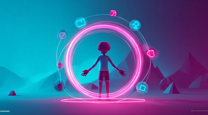 Ilustración 3D de creador rodeado por anillo neón y símbolos de IA, enfoque en flujo creativo.