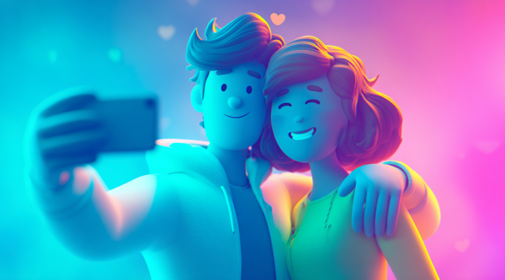 Pareja en estilo 3D tomándose un selfie, colores neón azul y rosa.