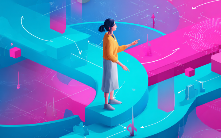 Persona avanza por un camino con flechas, metáfora del proceso creativo guiado con IA generativa.