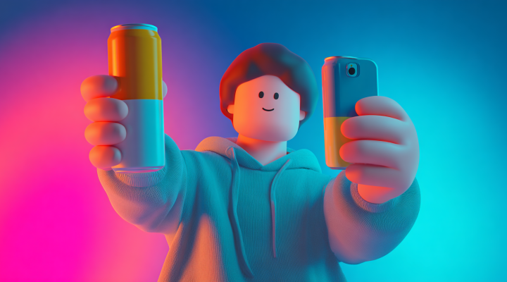 Persona generando anuncio publicitario con inteligencia artificial usando una lata y su celular