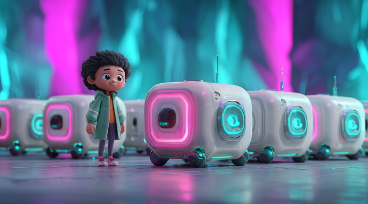 Escena futurista estilo animación: personaje junto a módulos de IA iluminados, representando creación y edición de imágenes en Gemini.