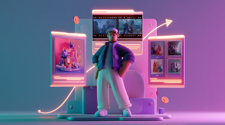 Ilustración de un flujo de producción con IA para video e imágenes: short-form, galería de creatividades y crecimiento de demanda.