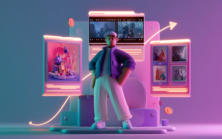 Ilustración de un flujo de producción con IA para video e imágenes: short-form, galería de creatividades y crecimiento de demanda.
