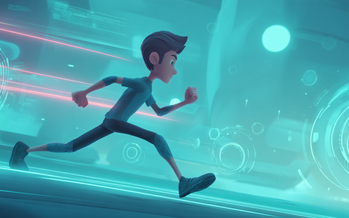 Profesional corriendo en un entorno futurista: metáfora de no quedarse atrás con la IA en 2026