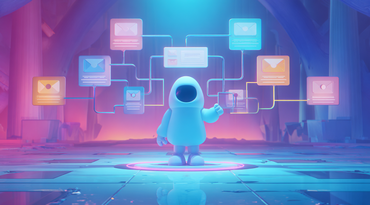 Robot minimal guiando un flujo de IA con paneles conectados en tonos violeta y azul