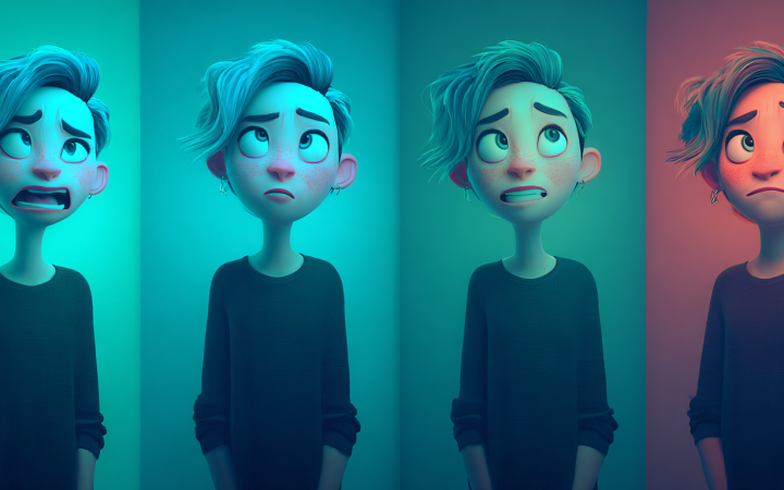 Secuencia de expresiones faciales en personaje generado con IA para vídeo, prueba de realismo sin efecto plástico con Midjourney y Kling 3.0.