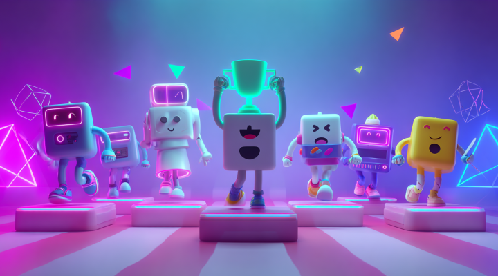 robots estilo cartoon celebran en un podio; el central alza un trofeo. Metáfora del ranking de IAs de vídeo 2025.