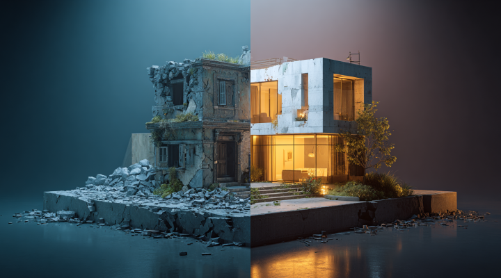 Antes y después de una reforma de vivienda generada con inteligencia artificial mostrando transformación arquitectónica