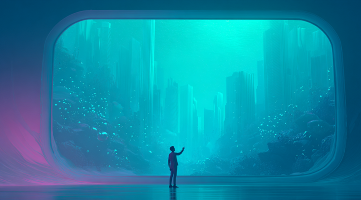 Escenario futurista tipo ciudad sumergida visto a través de un portal, estilo cinematic, ideal para Reels con IA y animación en Kling 3.0.