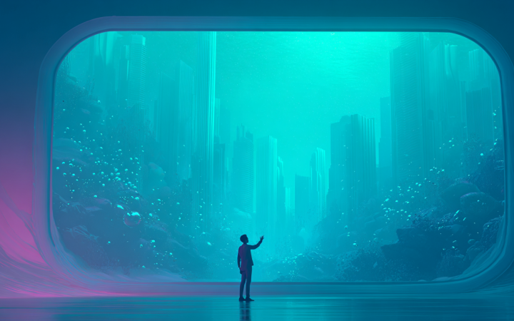 Escenario futurista tipo ciudad sumergida visto a través de un portal, estilo cinematic, ideal para Reels con IA y animación en Kling 3.0.