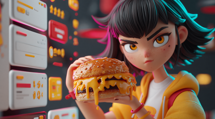 Ilustración 3D de personaje animado sosteniendo una smash burger frente a un panel de interfaces digitales, representando el proceso de branding con IA usando ChatGPT Image 2.0 y Claude Design