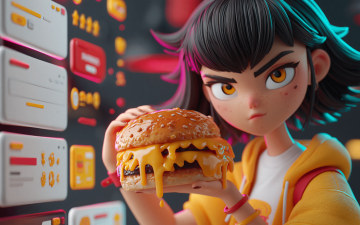 Ilustración 3D de personaje animado sosteniendo una smash burger frente a un panel de interfaces digitales, representando el proceso de branding con IA usando ChatGPT Image 2.0 y Claude Design
