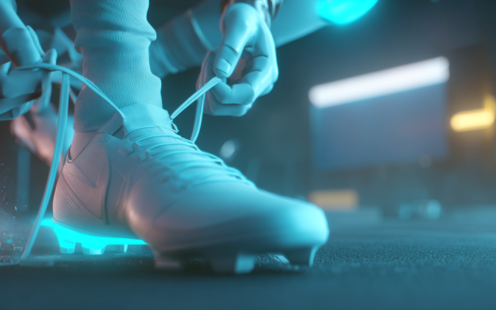 Bota de fútbol digital con luz cyan representando criterio creativo y producción con IA