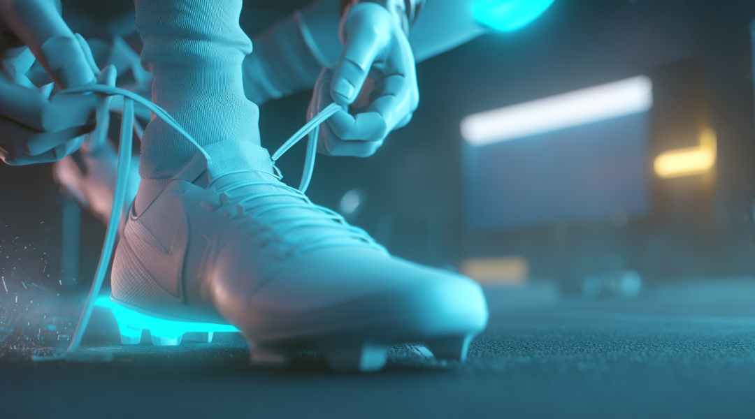 Bota de fútbol digital con luz cyan representando criterio creativo y producción con IA