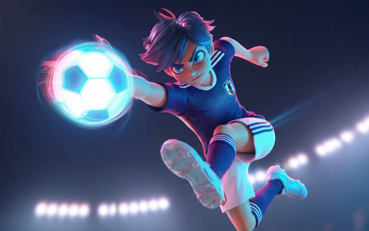 Jugador de fútbol estilo anime 3D golpeando un balón luminoso en un estadio, ilustrando cómo el criterio creativo y la narrativa son la base del contenido con IA que conecta