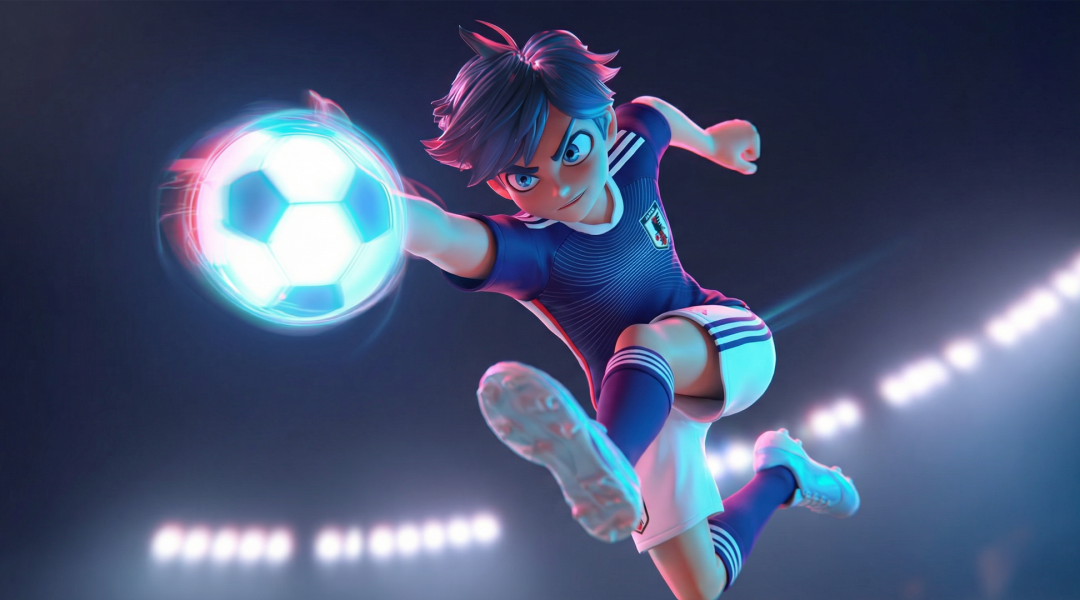 Jugador de fútbol estilo anime 3D golpeando un balón luminoso en un estadio, ilustrando cómo el criterio creativo y la narrativa son la base del contenido con IA que conecta