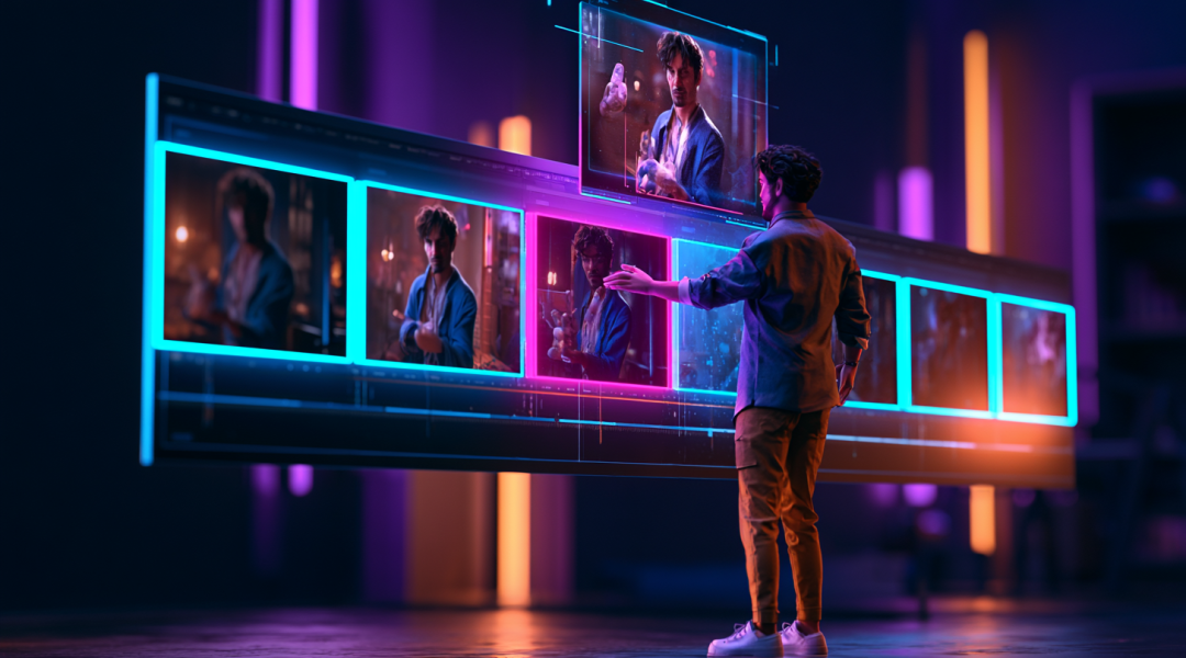 Personaje 3D frente a una línea de tiempo de video con segmentos resaltados en cyan y magenta, ilustrando cómo corregir errores en un video con IA sin regenerarlo desde cero