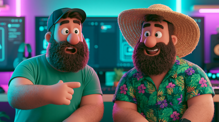 Dos versiones del mismo personaje 3D animado con outfits diferentes frente a pantallas de IA, representando cómo HeyGen Avatar 5 tutorial permite crear múltiples versiones de tu avatar con una sola grabación