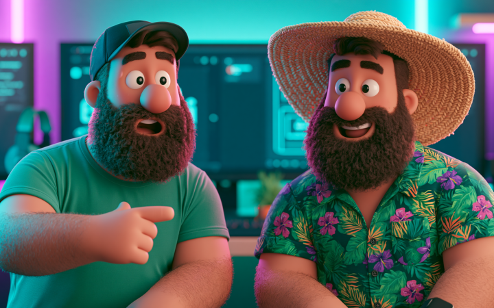 Dos versiones del mismo personaje 3D animado con outfits diferentes frente a pantallas de IA, representando cómo HeyGen Avatar 5 tutorial permite crear múltiples versiones de tu avatar con una sola grabación
