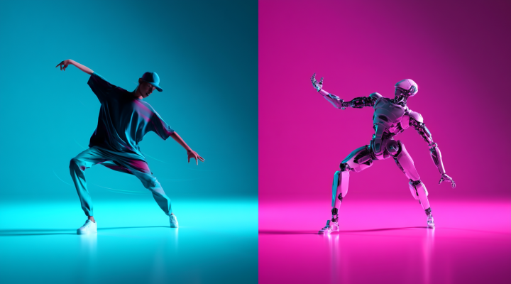 Persona bailando junto a un robot que replica sus movimientos exactos, ilustrando cómo funciona Kling AI Motion Control para transferir movimiento a personajes generados con IA