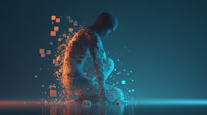 Figura humana digital disolviéndose en píxeles azules y naranjas, representando la identidad digital y los límites de la inteligencia artificial