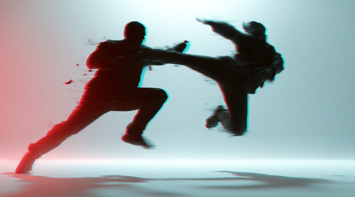 Siluetas de dos personajes en movimiento con efecto glitch digital, representando la generación de videos largos con consistencia de personajes usando Seedance 2.0 en Higgsfield