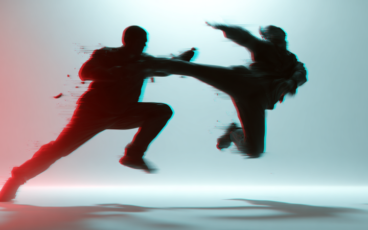 Siluetas de dos personajes en movimiento con efecto glitch digital, representando la generación de videos largos con consistencia de personajes usando Seedance 2.0 en Higgsfield