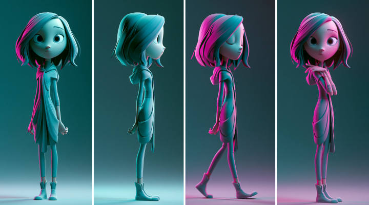 Personaje 3D animado en 4 ángulos distintos mostrando consistencia visual para storyboard con IA
