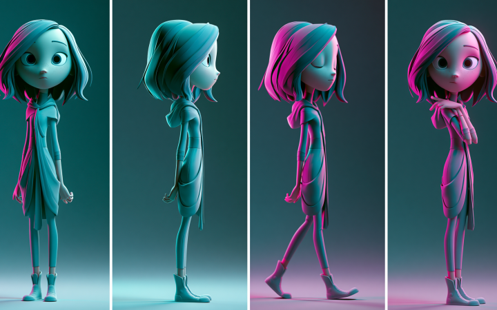 Personaje 3D animado en 4 ángulos distintos mostrando consistencia visual para storyboard con IA