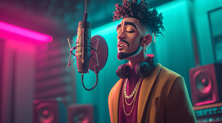 Personaje 3D estilo animación cantando frente a un micrófono vintage en un estudio con luces neón, ilustrando el proceso de crear un video musical con IA lipsync usando Seedance 2.0