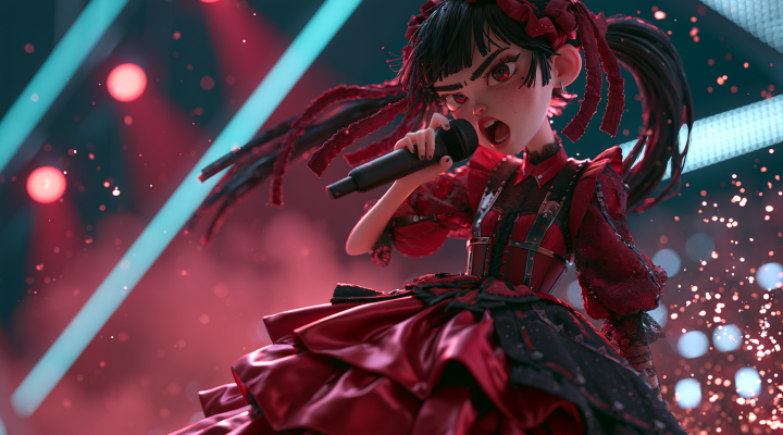 Personaje animado 3D estilo Kawai Metal cantando con micrófono en un escenario con luces rojas y cyan, ilustrando el proceso de crear un video musical con IA en Higgsfield usando Seedance 2.0 4K