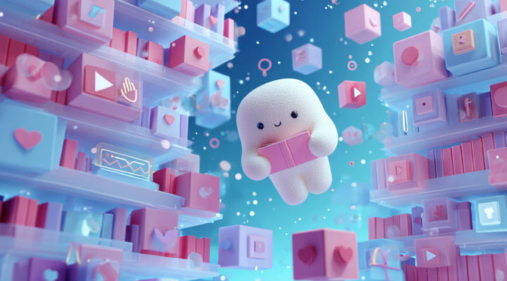 Ilustración pastel de una criatura lectora en biblioteca digital; iconos de vídeo y datos alrededor, simbolizando IA que organiza contexto y reduce fallas de contexto. Title: Gemini 3: menos fallas de contexto y más trazabilidad Caption (opcional): Imagen conceptual: agentes y “artifacts” para planificar, ejecutar y verificar en el ecosistema Gemini.